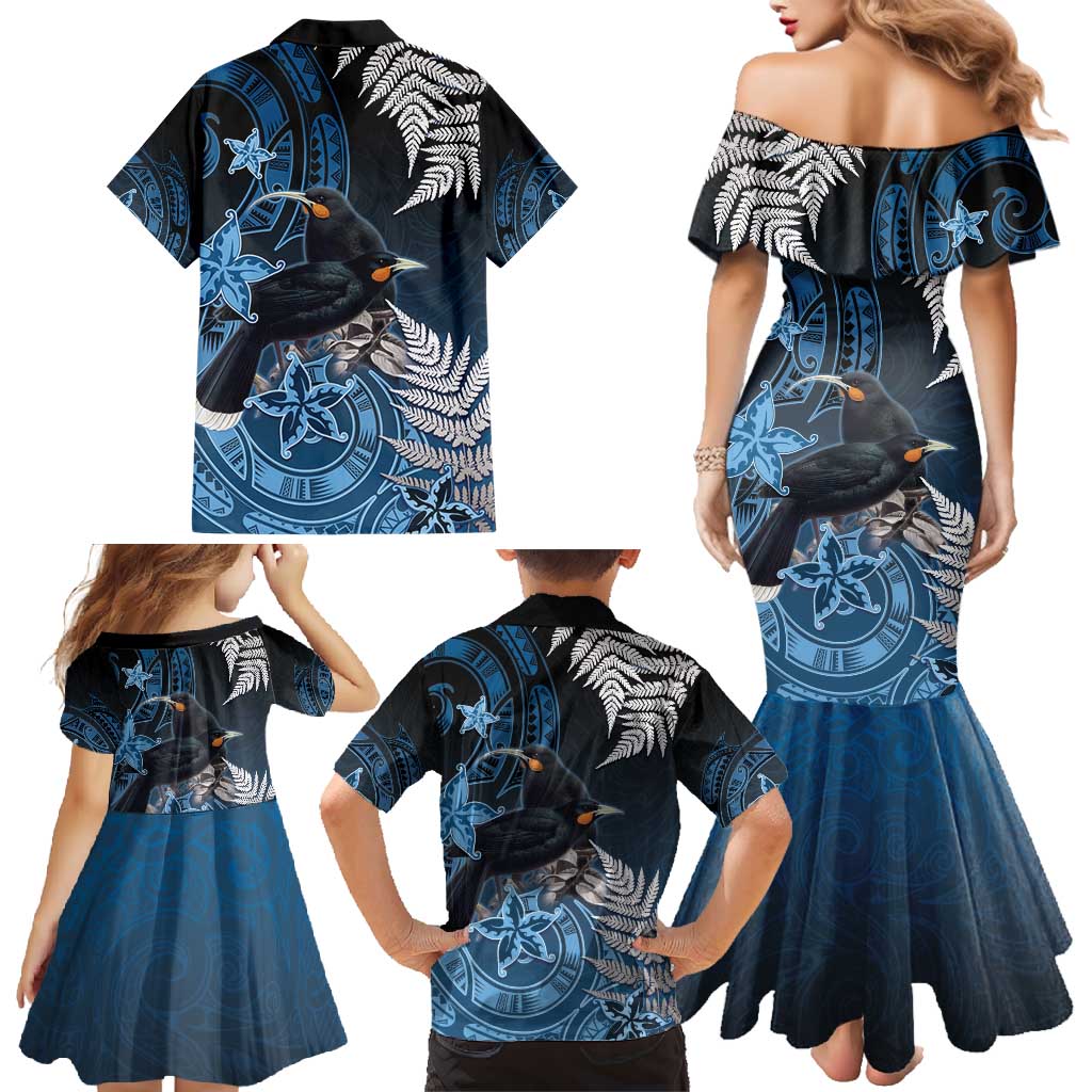 New Zealand Huia Bird Family Matching Mermaid Dress and Hawaiian Shirt Aotearoa Maori Pattern