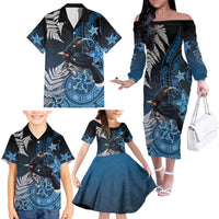 New Zealand Huia Bird Family Matching Off The Shoulder Long Sleeve Dress and Hawaiian Shirt Aotearoa Maori Pattern