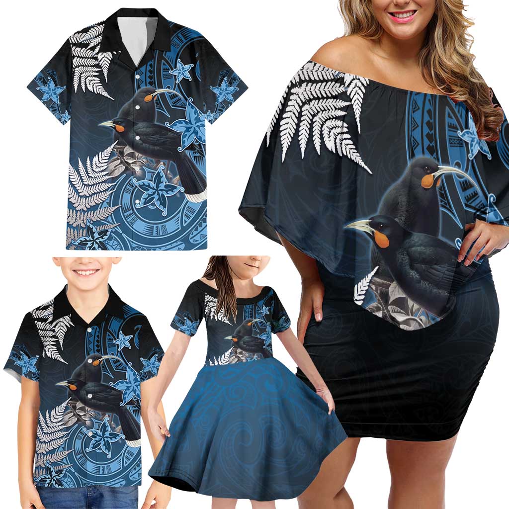 New Zealand Huia Bird Family Matching Off Shoulder Short Dress and Hawaiian Shirt Aotearoa Maori Pattern