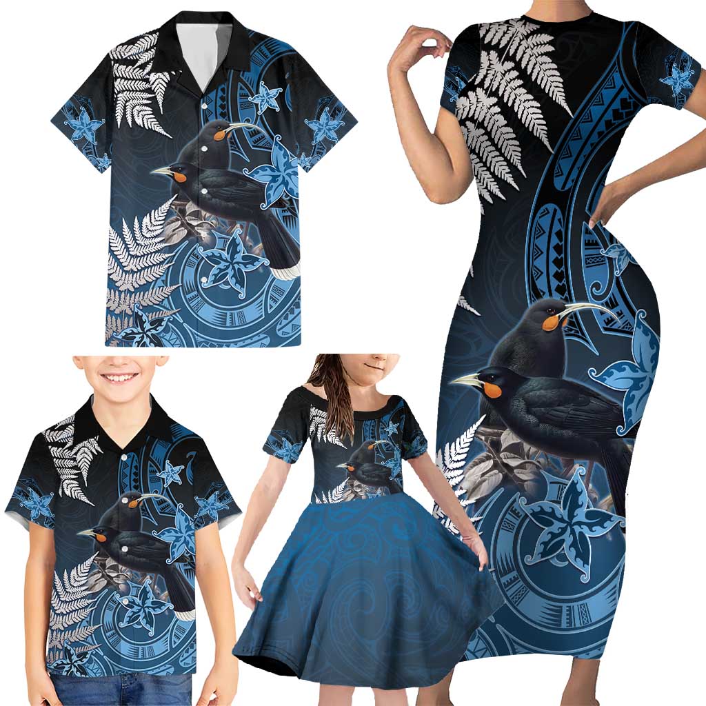 New Zealand Huia Bird Family Matching Short Sleeve Bodycon Dress and Hawaiian Shirt Aotearoa Maori Pattern