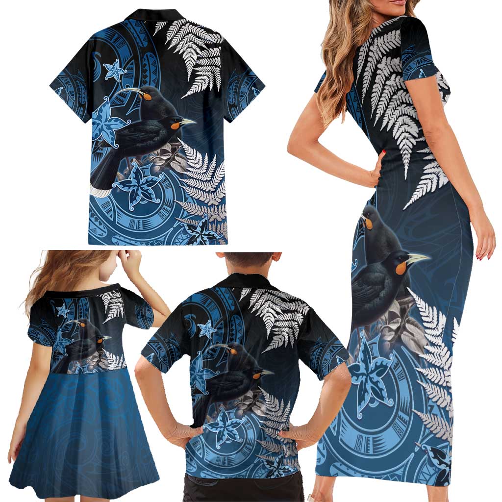 New Zealand Huia Bird Family Matching Short Sleeve Bodycon Dress and Hawaiian Shirt Aotearoa Maori Pattern
