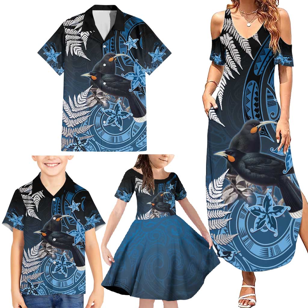 New Zealand Huia Bird Family Matching Summer Maxi Dress and Hawaiian Shirt Aotearoa Maori Pattern