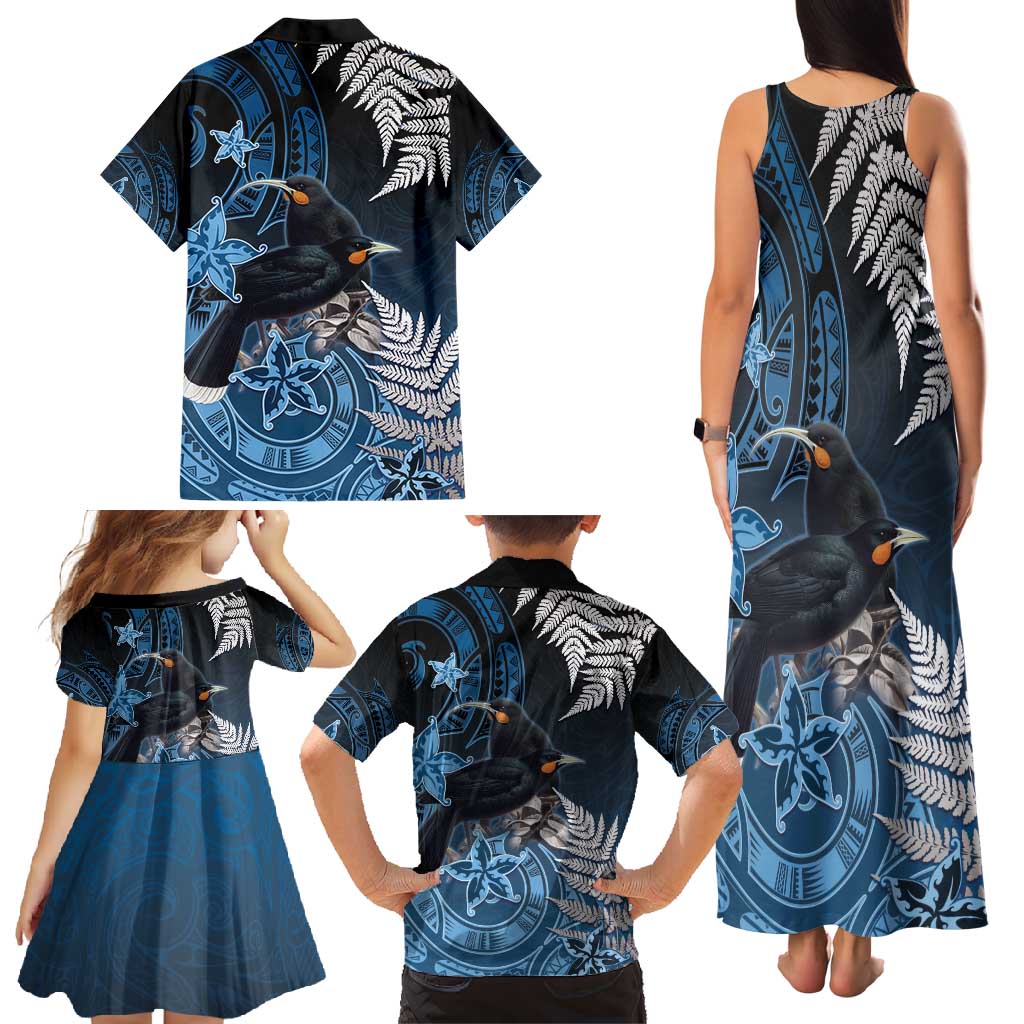 New Zealand Huia Bird Family Matching Tank Maxi Dress and Hawaiian Shirt Aotearoa Maori Pattern