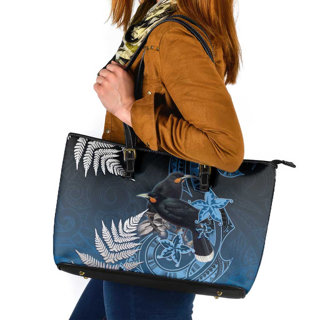 New Zealand Huia Bird Leather Tote Bag Aotearoa Maori Pattern