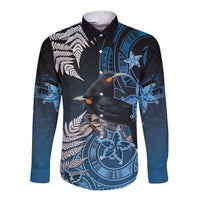 New Zealand Huia Bird Long Sleeve Button Shirt Aotearoa Maori Pattern LT05 Unisex Navy - Polynesian Pride