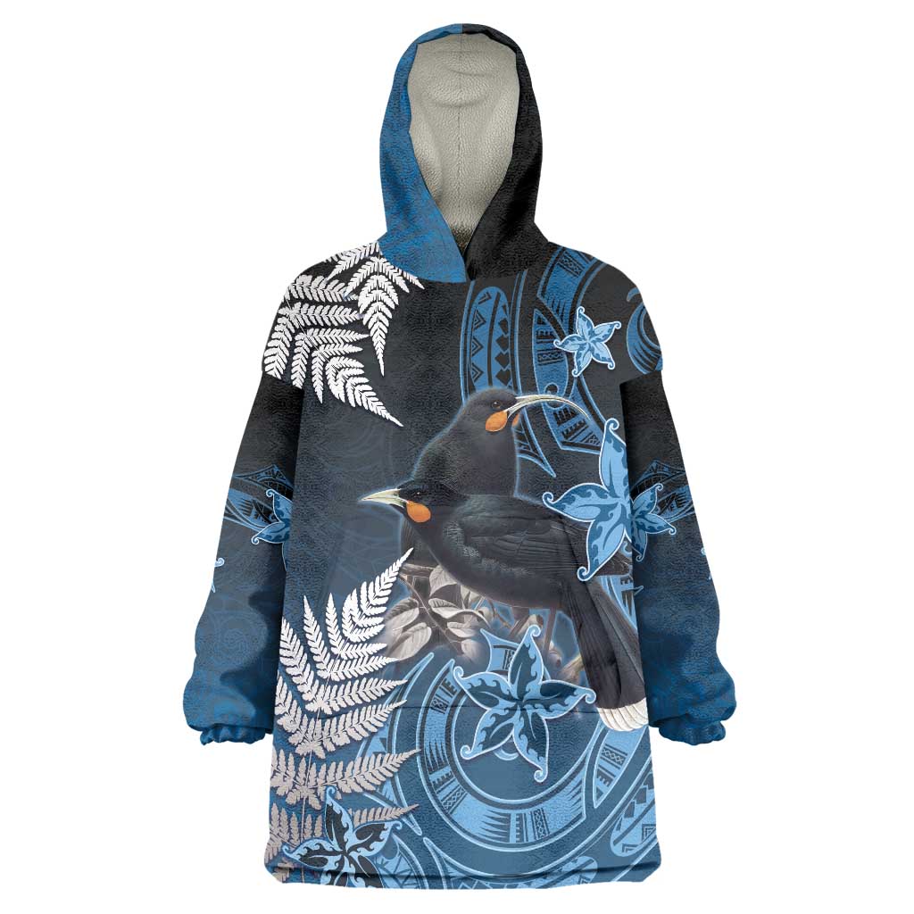 New Zealand Huia Bird Wearable Blanket Hoodie Aotearoa Maori Pattern LT05 One Size Navy - Polynesian Pride