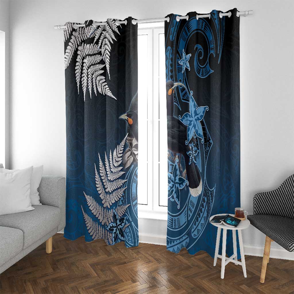 New Zealand Huia Bird Window Curtain Aotearoa Maori Pattern LT05 With Grommets Navy - Polynesian Pride
