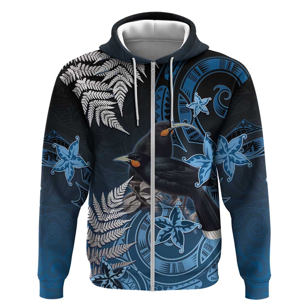New Zealand Huia Bird Zip Hoodie Aotearoa Maori Pattern