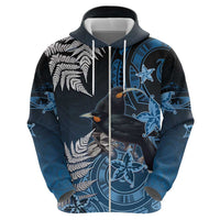 New Zealand Huia Bird Zip Hoodie Aotearoa Maori Pattern