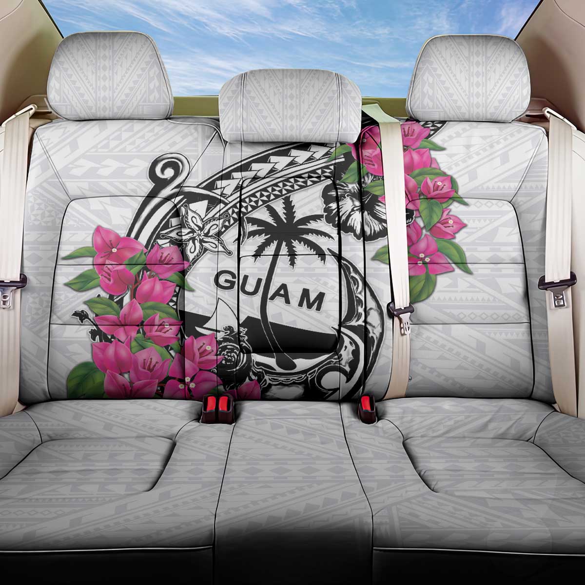 Guam Chamorro Back Car Seat Cover Bougainvillea White Polynesian Tribal Pattern