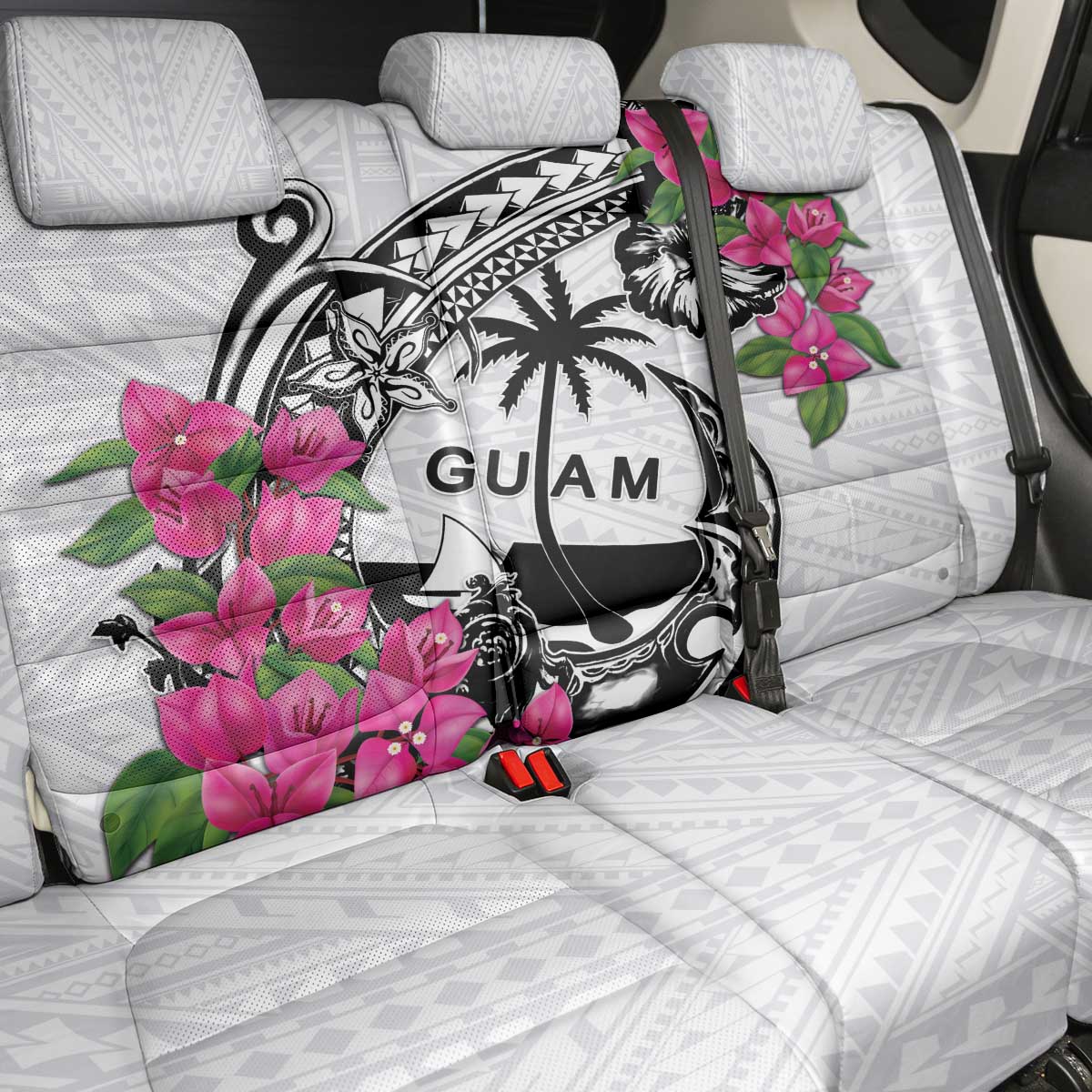 Guam Chamorro Back Car Seat Cover Bougainvillea White Polynesian Tribal Pattern