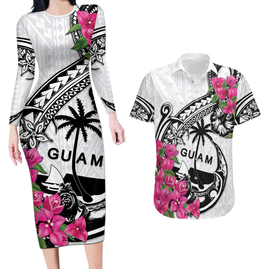 Guam Chamorro Couples Matching Long Sleeve Bodycon Dress and Hawaiian Shirt Bougainvillea White Polynesian Tribal Pattern LT05 White - Polynesian Pride