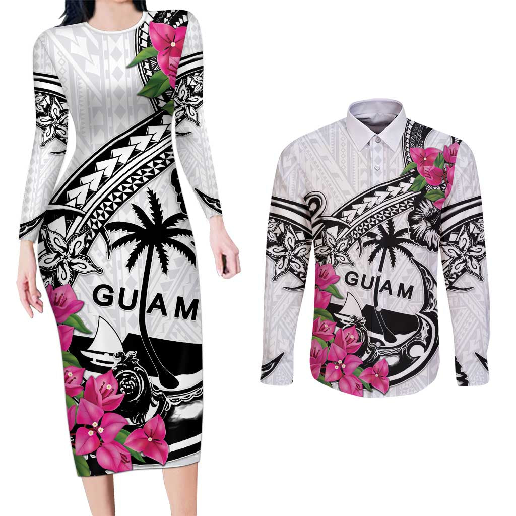 Guam Chamorro Couples Matching Long Sleeve Bodycon Dress and Long Sleeve Button Shirt Bougainvillea White Polynesian Tribal Pattern LT05 White - Polynesian Pride