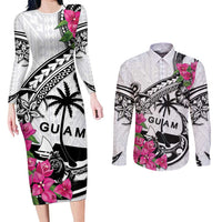 Guam Chamorro Couples Matching Long Sleeve Bodycon Dress and Long Sleeve Button Shirt Bougainvillea White Polynesian Tribal Pattern LT05 White - Polynesian Pride