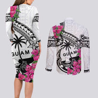 Guam Chamorro Couples Matching Long Sleeve Bodycon Dress and Long Sleeve Button Shirt Bougainvillea White Polynesian Tribal Pattern LT05 - Polynesian Pride
