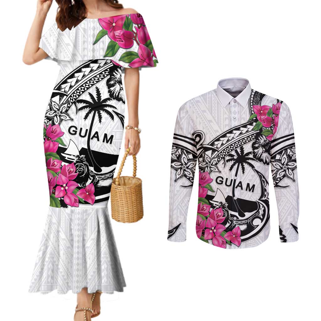 Guam Chamorro Couples Matching Mermaid Dress and Long Sleeve Button Shirt Bougainvillea White Polynesian Tribal Pattern LT05 White - Polynesian Pride