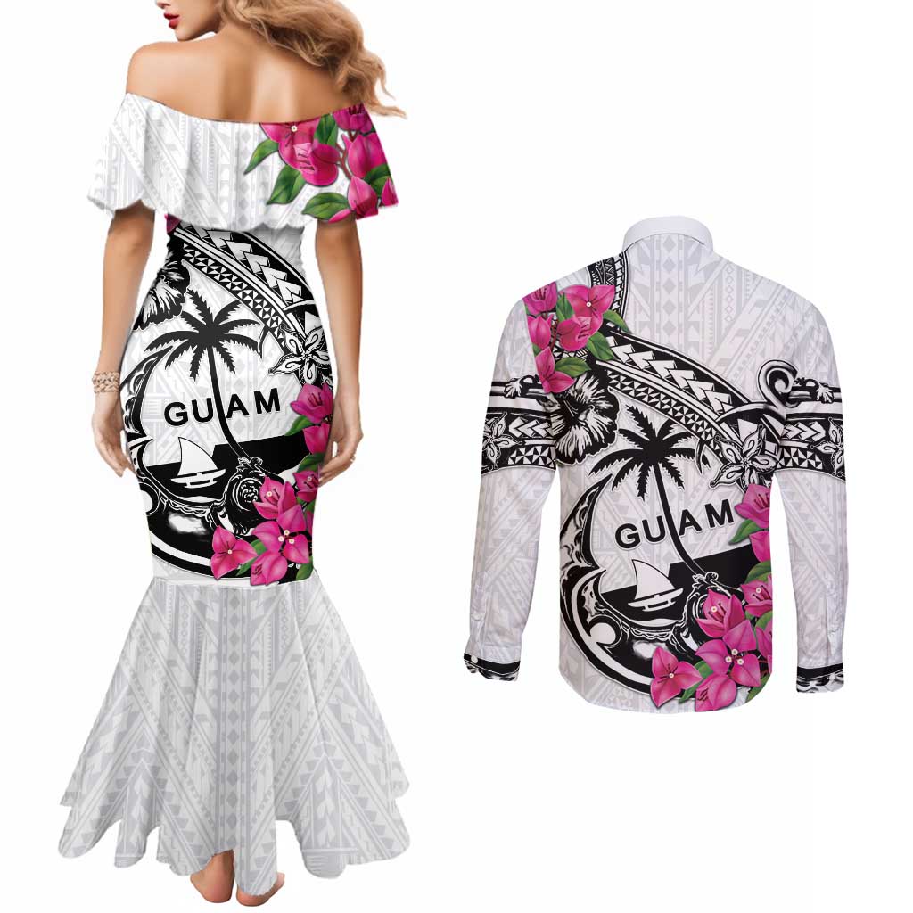 Guam Chamorro Couples Matching Mermaid Dress and Long Sleeve Button Shirt Bougainvillea White Polynesian Tribal Pattern LT05 - Polynesian Pride