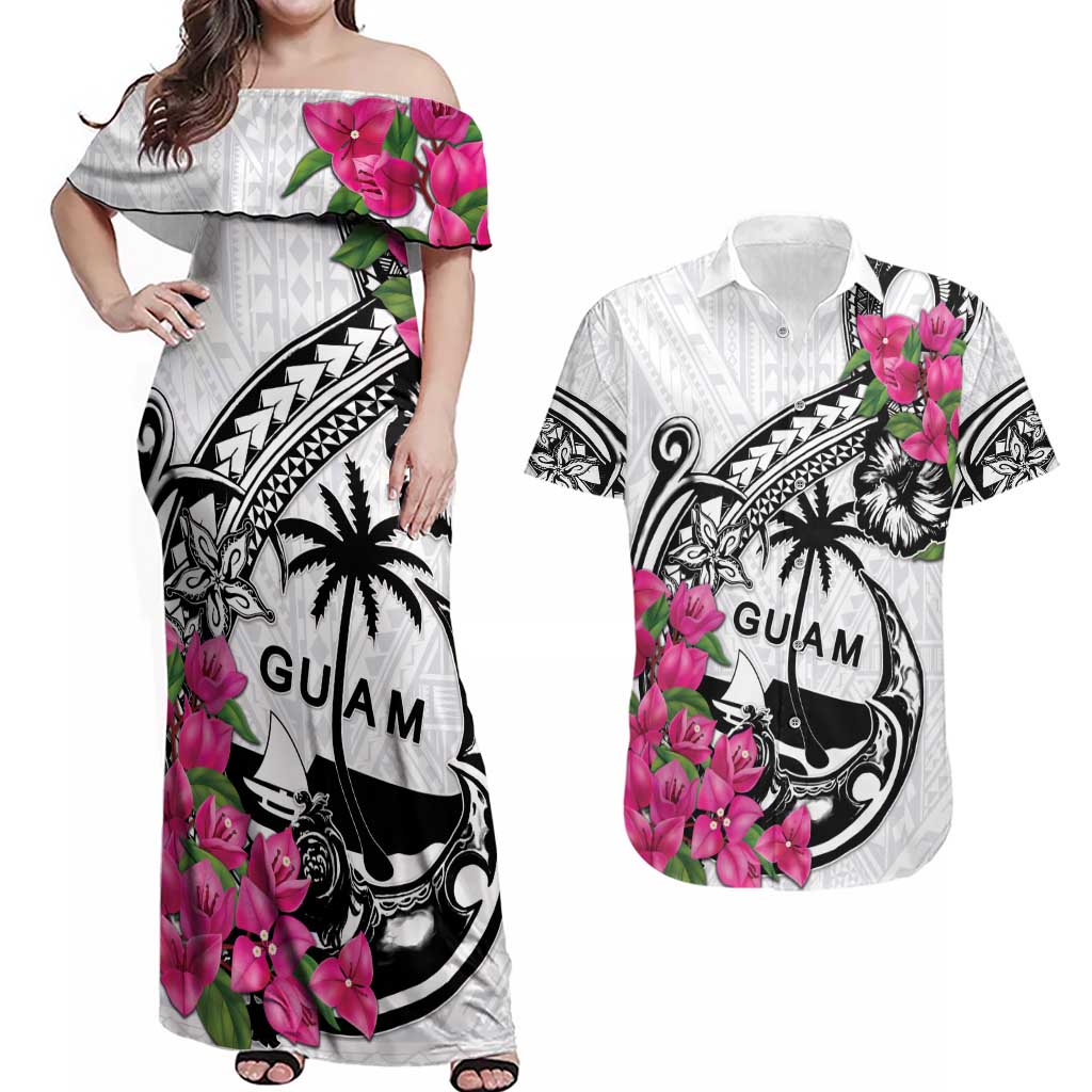Guam Chamorro Couples Matching Off Shoulder Maxi Dress and Hawaiian Shirt Bougainvillea White Polynesian Tribal Pattern