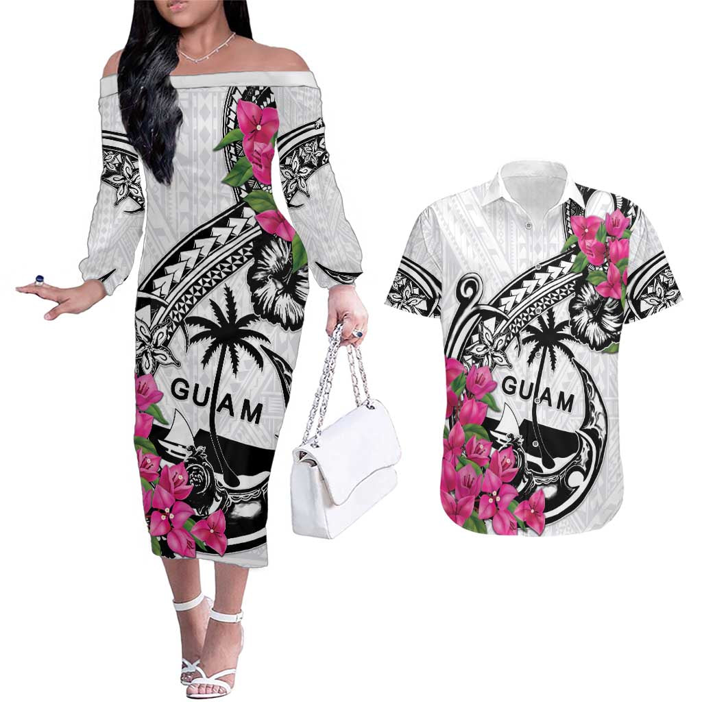Guam Chamorro Couples Matching Off The Shoulder Long Sleeve Dress and Hawaiian Shirt Bougainvillea White Polynesian Tribal Pattern LT05 White - Polynesian Pride
