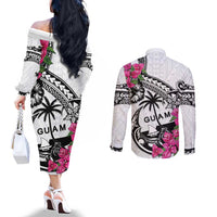 Guam Chamorro Couples Matching Off The Shoulder Long Sleeve Dress and Long Sleeve Button Shirt Bougainvillea White Polynesian Tribal Pattern LT05 - Polynesian Pride