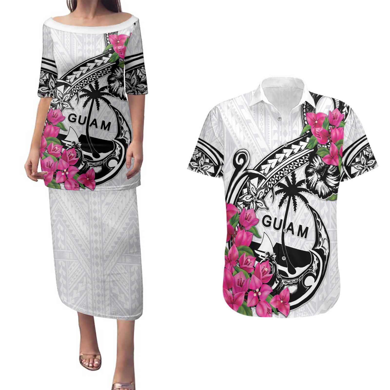 Guam Chamorro Couples Matching Puletasi and Hawaiian Shirt Bougainvillea White Polynesian Tribal Pattern LT05 White - Polynesian Pride