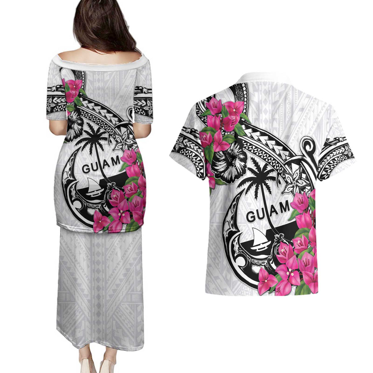Guam Chamorro Couples Matching Puletasi and Hawaiian Shirt Bougainvillea White Polynesian Tribal Pattern LT05 - Polynesian Pride