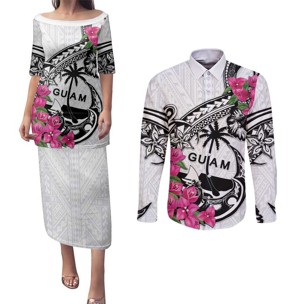 Guam Chamorro Couples Matching Puletasi and Long Sleeve Button Shirt Bougainvillea White Polynesian Tribal Pattern LT05 White - Polynesian Pride