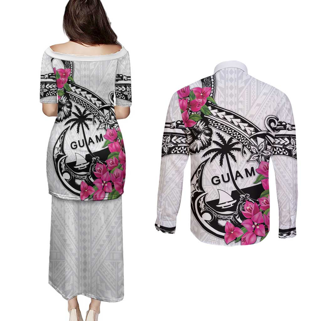 Guam Chamorro Couples Matching Puletasi and Long Sleeve Button Shirt Bougainvillea White Polynesian Tribal Pattern LT05 - Polynesian Pride
