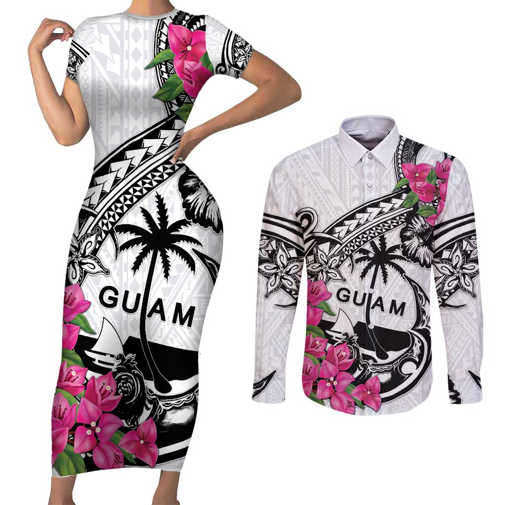 Guam Chamorro Couples Matching Short Sleeve Bodycon Dress and Long Sleeve Button Shirt Bougainvillea White Polynesian Tribal Pattern LT05 White - Polynesian Pride