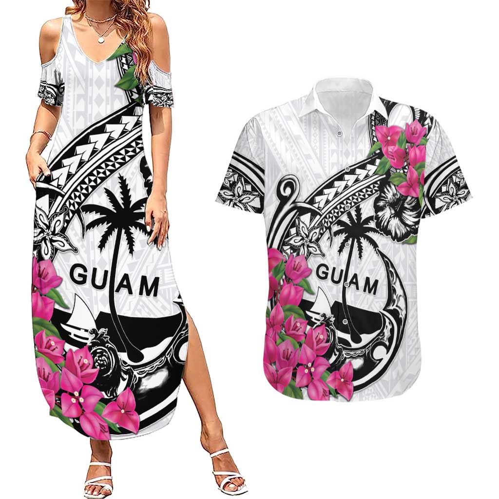 Guam Chamorro Couples Matching Summer Maxi Dress and Hawaiian Shirt Bougainvillea White Polynesian Tribal Pattern LT05 White - Polynesian Pride