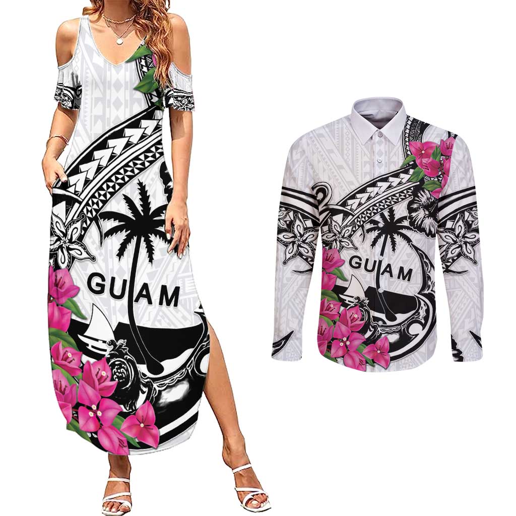 Guam Chamorro Couples Matching Summer Maxi Dress and Long Sleeve Button Shirt Bougainvillea White Polynesian Tribal Pattern LT05 White - Polynesian Pride
