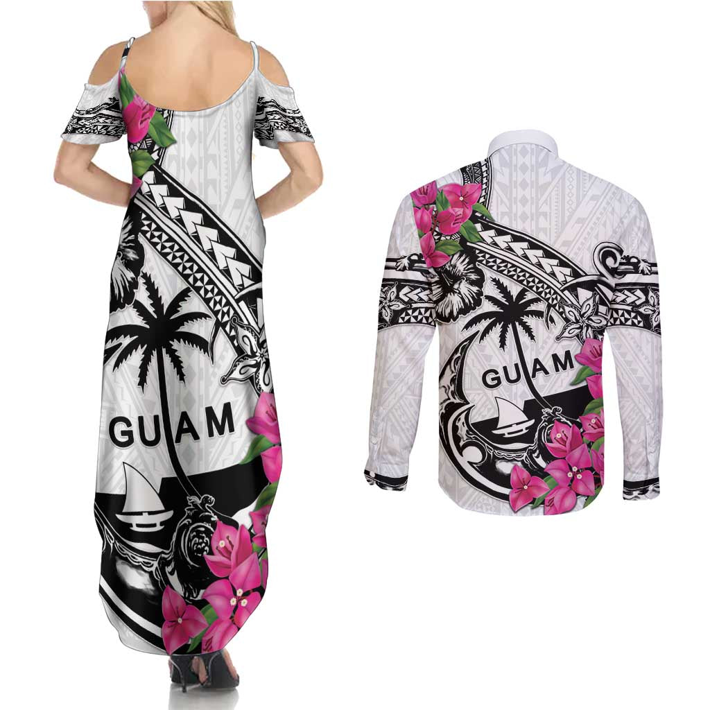 Guam Chamorro Couples Matching Summer Maxi Dress and Long Sleeve Button Shirt Bougainvillea White Polynesian Tribal Pattern LT05 - Polynesian Pride