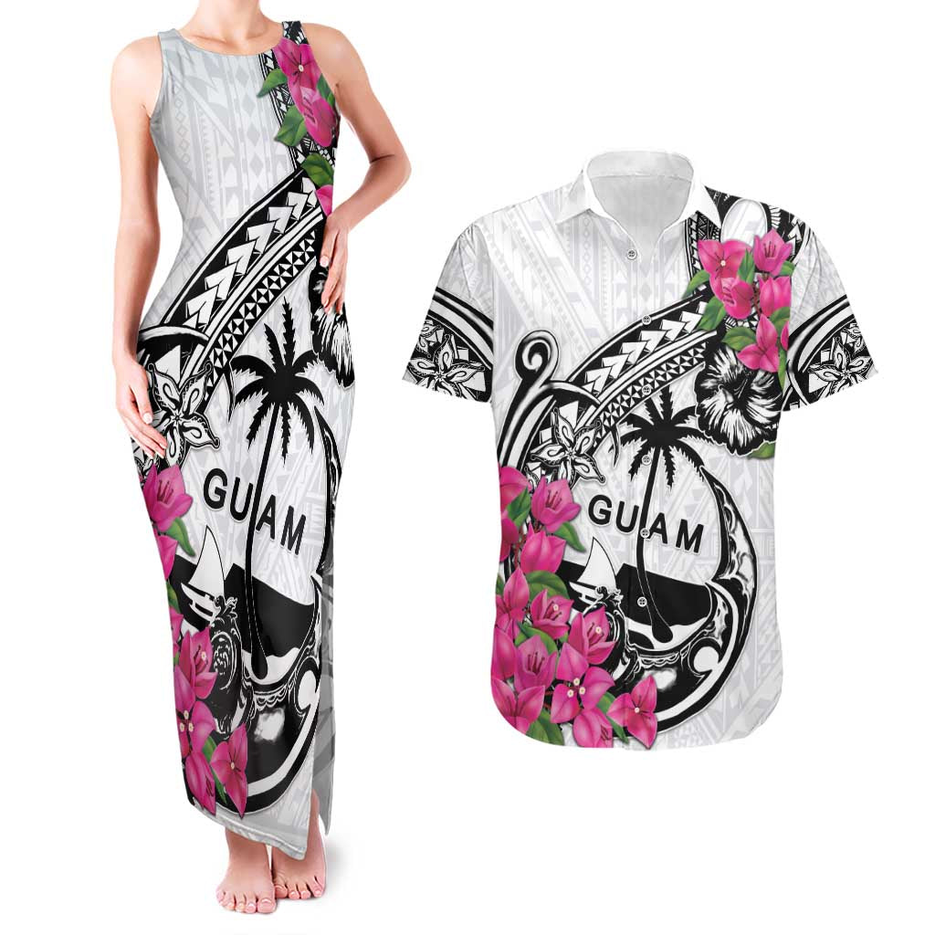 Guam Chamorro Couples Matching Tank Maxi Dress and Hawaiian Shirt Bougainvillea White Polynesian Tribal Pattern LT05 White - Polynesian Pride
