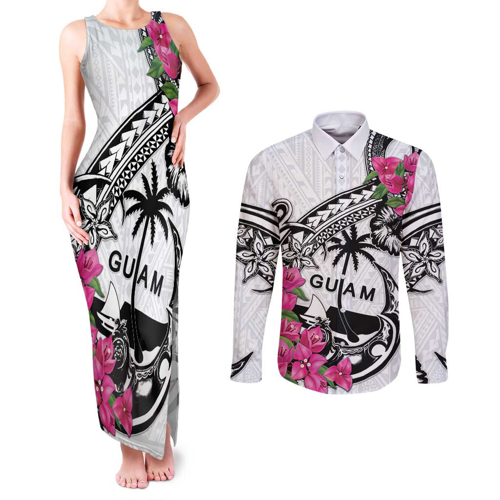 Guam Chamorro Couples Matching Tank Maxi Dress and Long Sleeve Button Shirt Bougainvillea White Polynesian Tribal Pattern LT05 White - Polynesian Pride