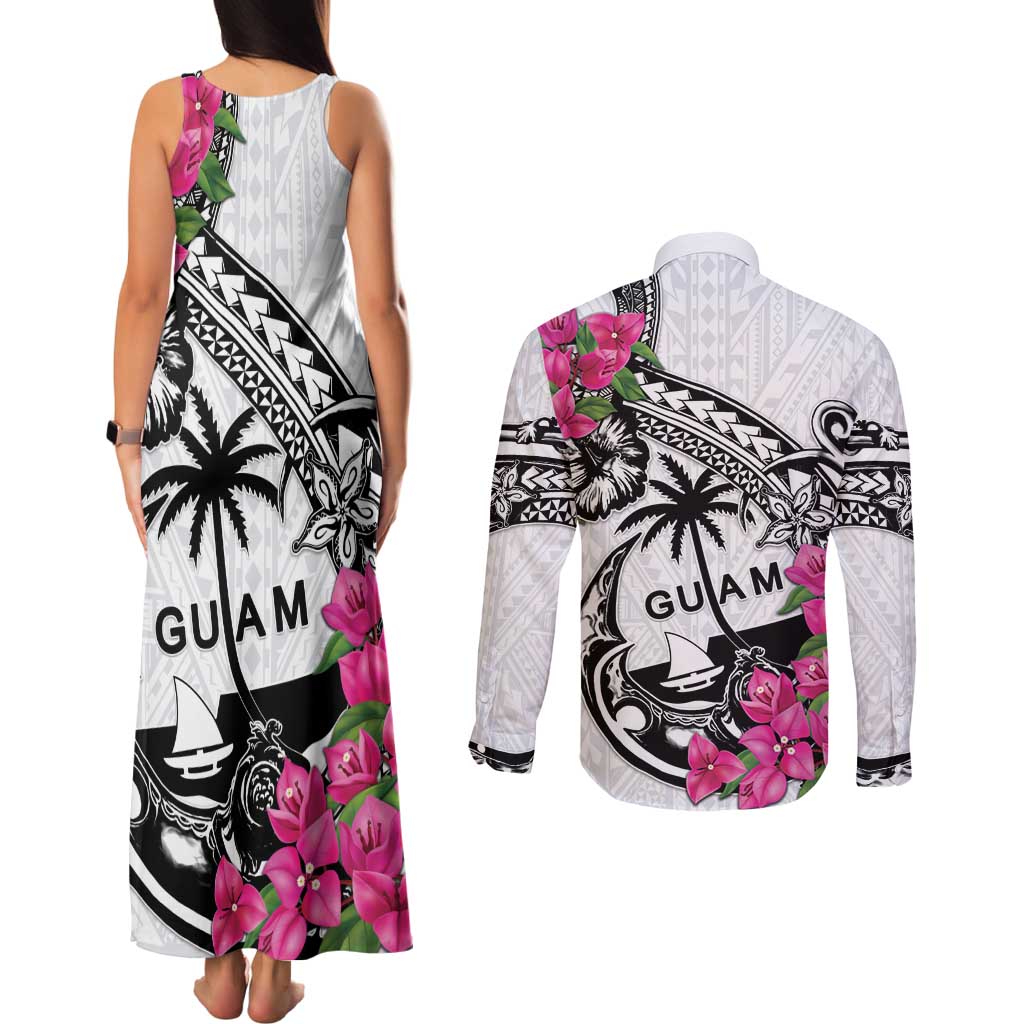 Guam Chamorro Couples Matching Tank Maxi Dress and Long Sleeve Button Shirt Bougainvillea White Polynesian Tribal Pattern LT05 - Polynesian Pride