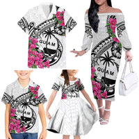 Guam Chamorro Family Matching Off The Shoulder Long Sleeve Dress and Hawaiian Shirt Bougainvillea White Polynesian Tribal Pattern