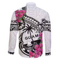 Guam Chamorro Family Matching Off The Shoulder Long Sleeve Dress and Hawaiian Shirt Bougainvillea White Polynesian Tribal Pattern