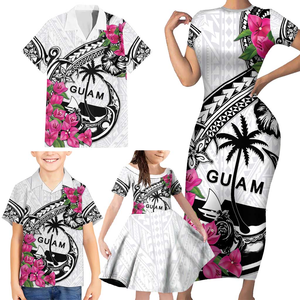 Guam Chamorro Family Matching Short Sleeve Bodycon Dress and Hawaiian Shirt Bougainvillea White Polynesian Tribal Pattern