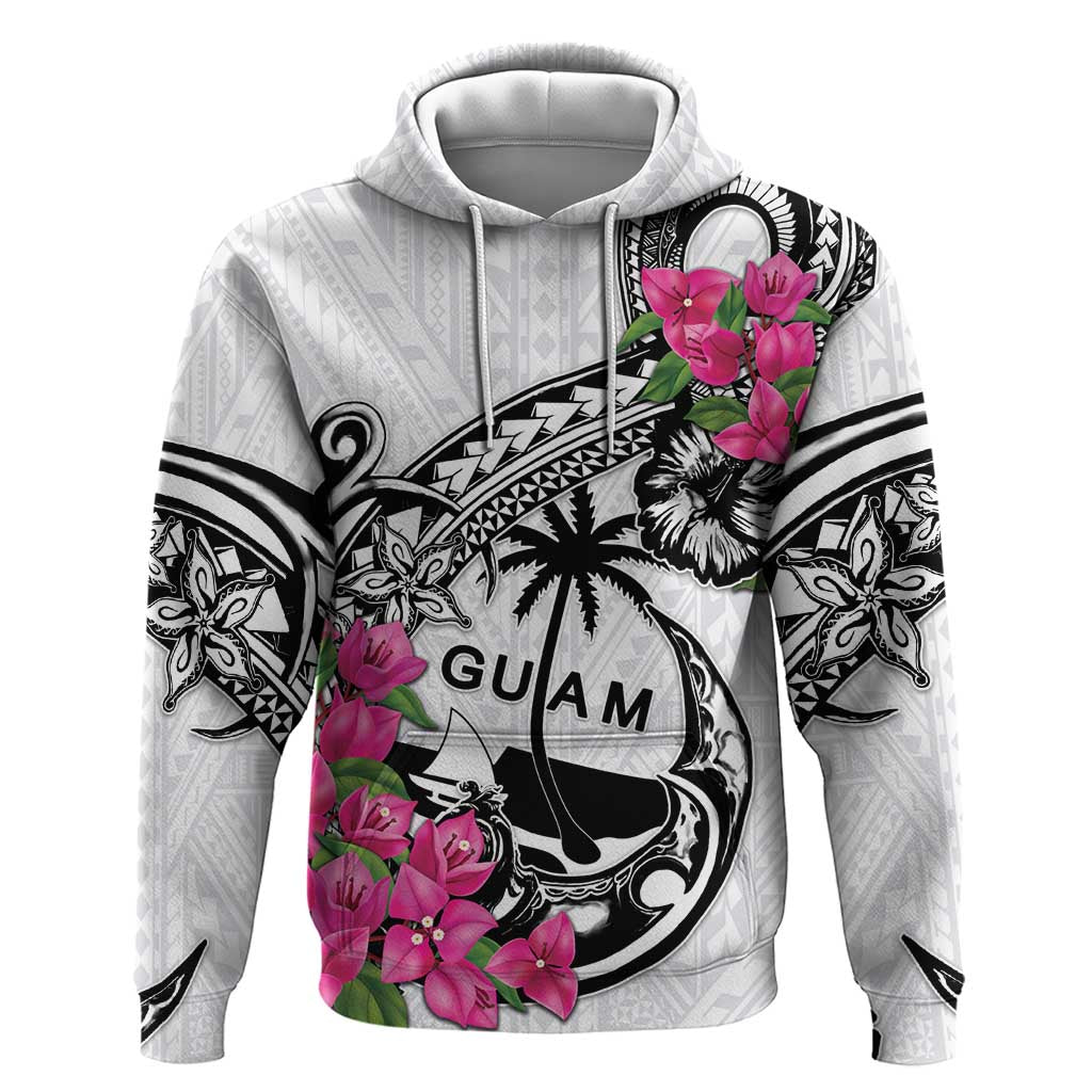 Guam Chamorro Hoodie Bougainvillea White Polynesian Tribal Pattern