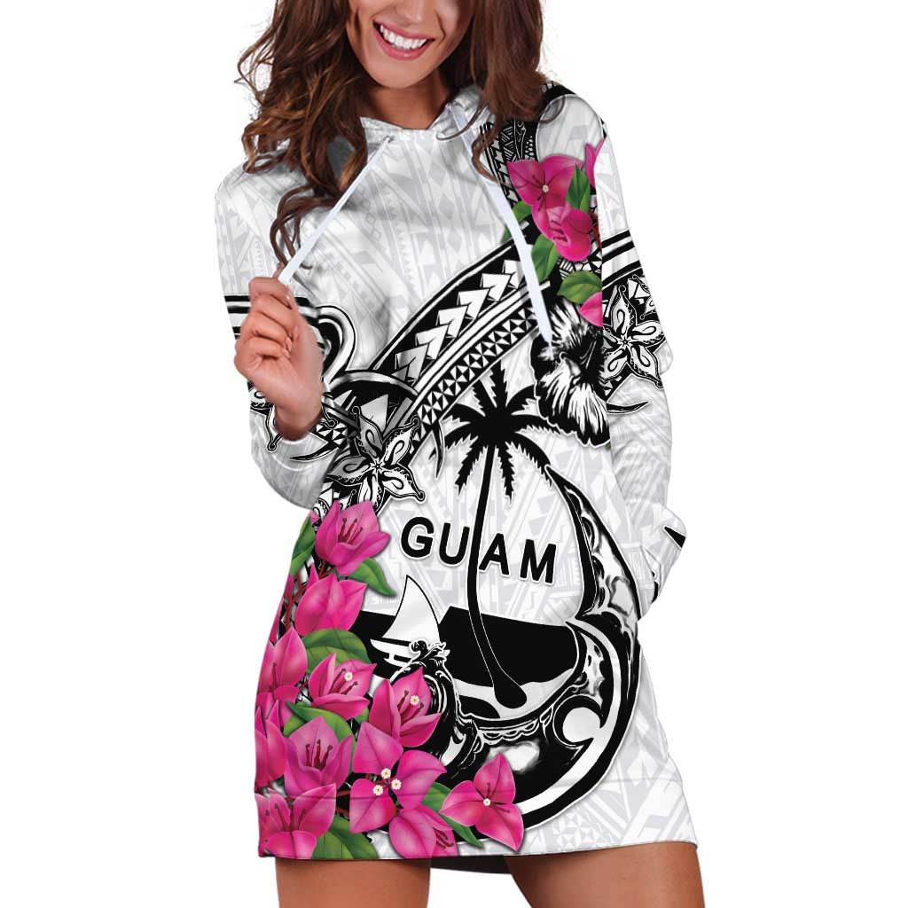 Guam Chamorro Hoodie Dress Bougainvillea White Polynesian Tribal Pattern LT05 White - Polynesian Pride