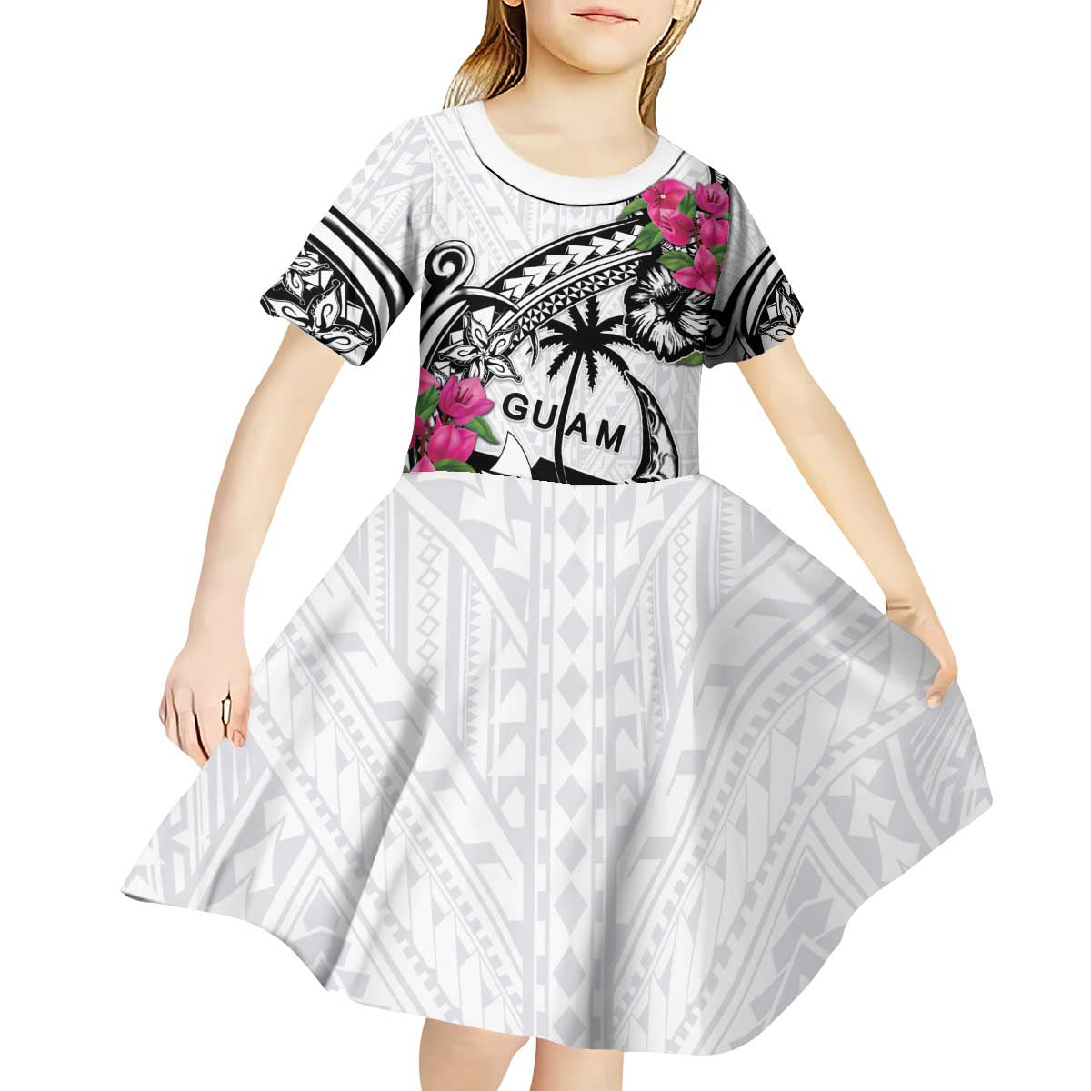 Guam Chamorro Kid Short Sleeve Dress Bougainvillea White Polynesian Tribal Pattern