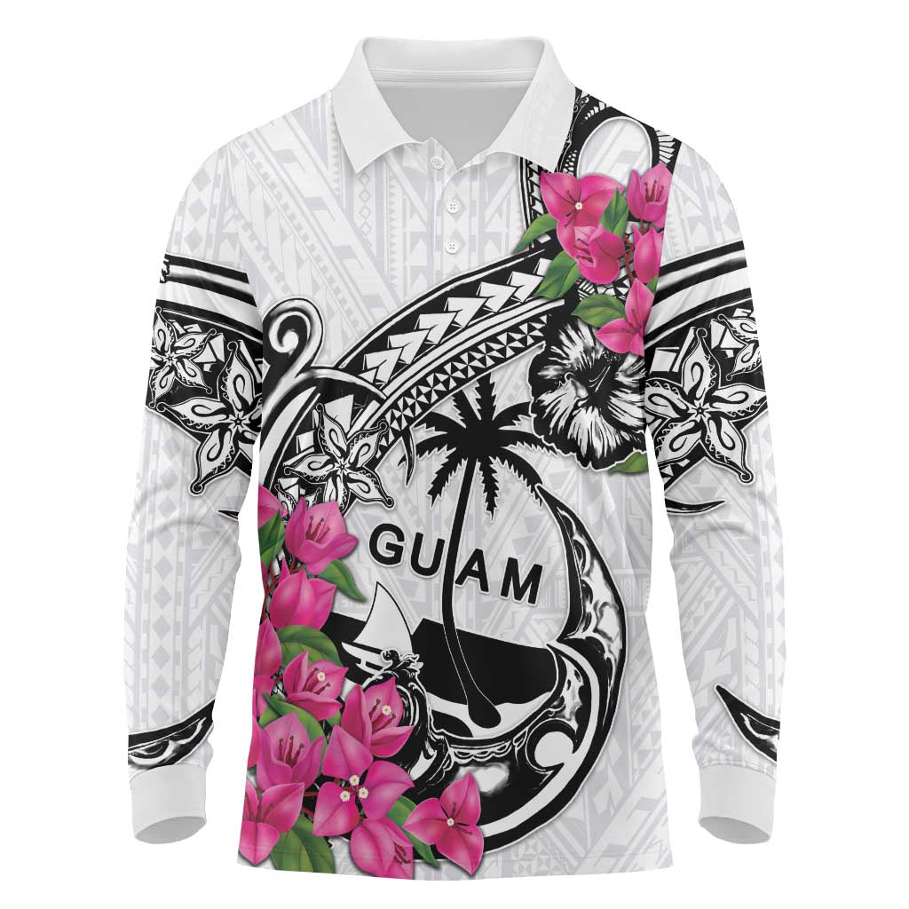 Guam Chamorro Long Sleeve Polo Shirt Bougainvillea White Polynesian Tribal Pattern LT05 White - Polynesian Pride