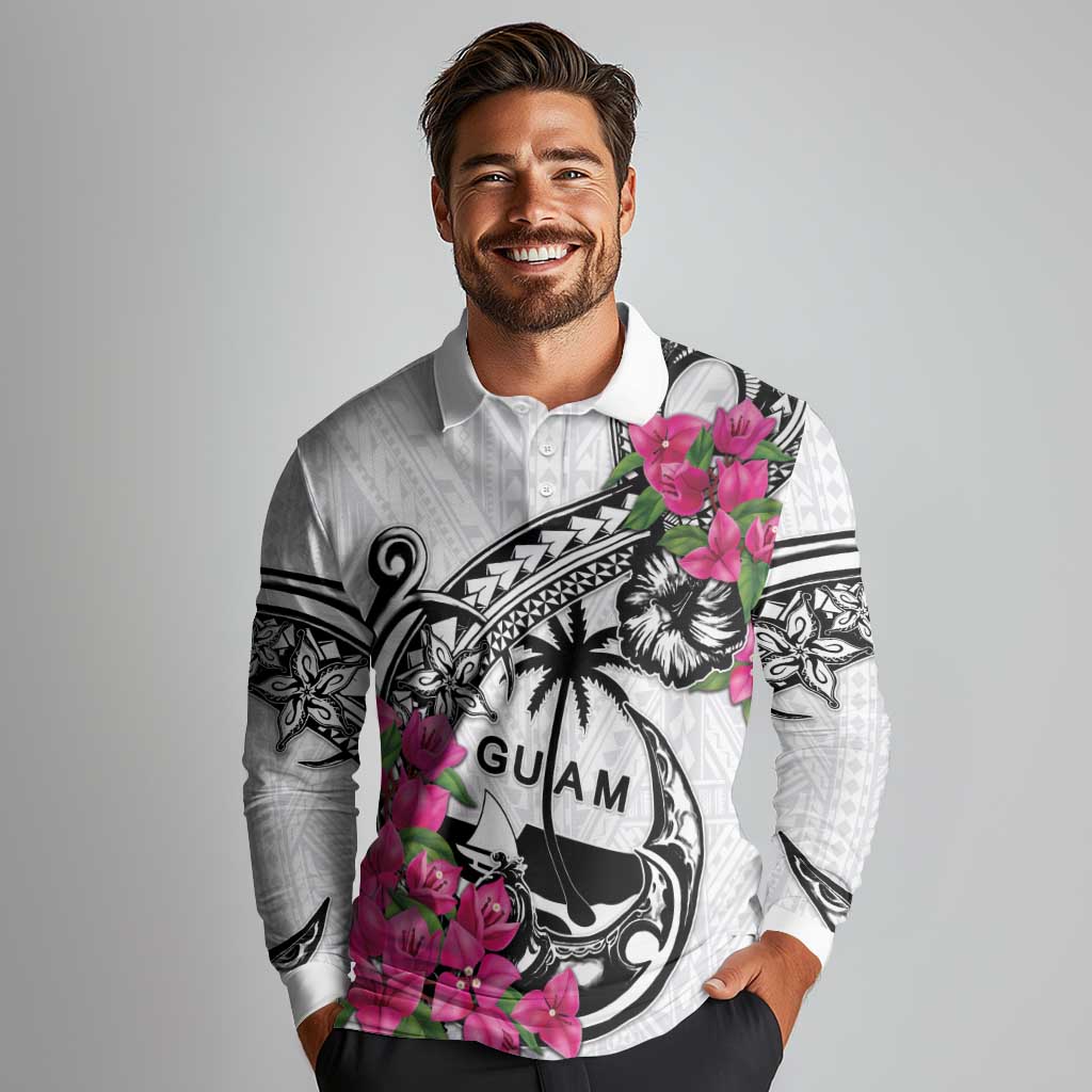 Guam Chamorro Long Sleeve Polo Shirt Bougainvillea White Polynesian Tribal Pattern LT05 - Polynesian Pride