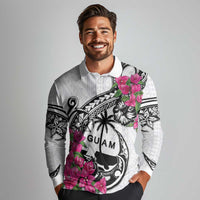 Guam Chamorro Long Sleeve Polo Shirt Bougainvillea White Polynesian Tribal Pattern LT05 - Polynesian Pride
