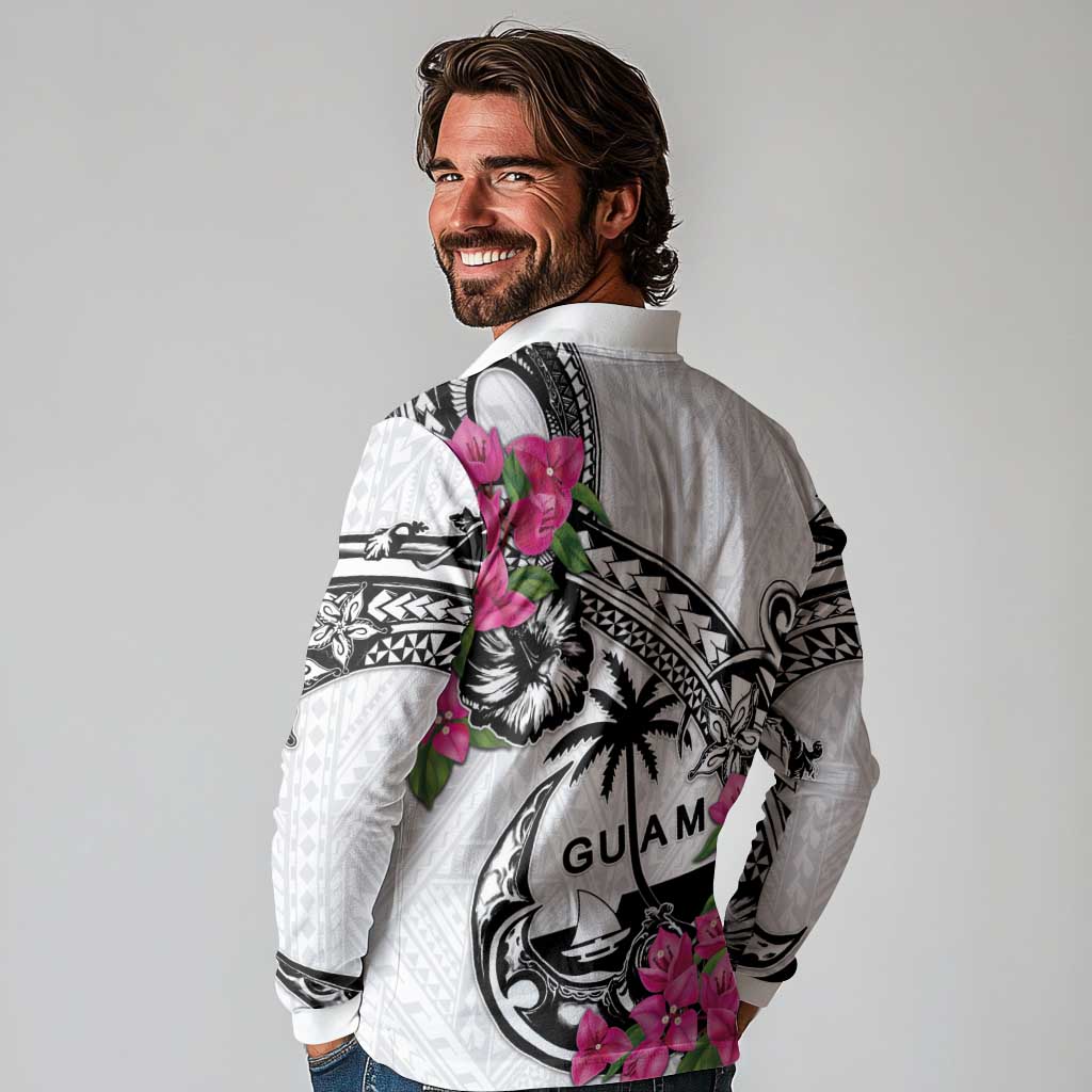 Guam Chamorro Long Sleeve Polo Shirt Bougainvillea White Polynesian Tribal Pattern LT05 - Polynesian Pride