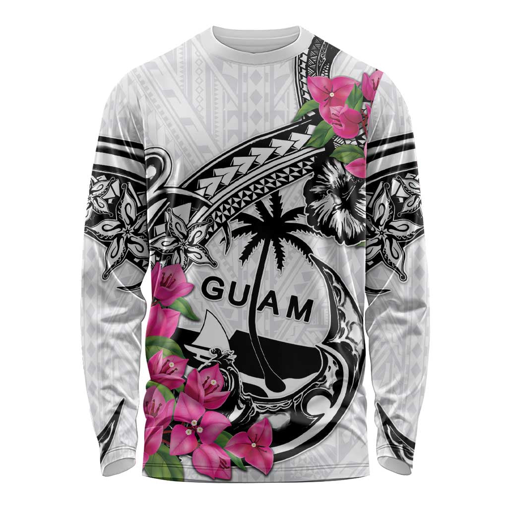 Guam Chamorro Long Sleeve Shirt Bougainvillea White Polynesian Tribal Pattern LT05 Unisex White - Polynesian Pride