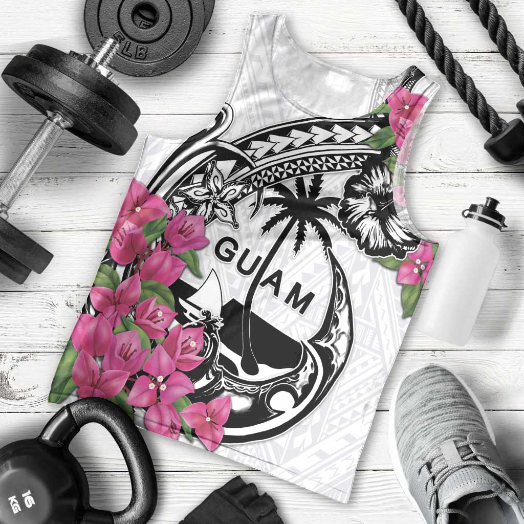 Guam Chamorro Men Tank Top Bougainvillea White Polynesian Tribal Pattern LT05 - Polynesian Pride