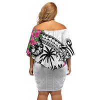 Guam Chamorro Off Shoulder Short Dress Bougainvillea White Polynesian Tribal Pattern