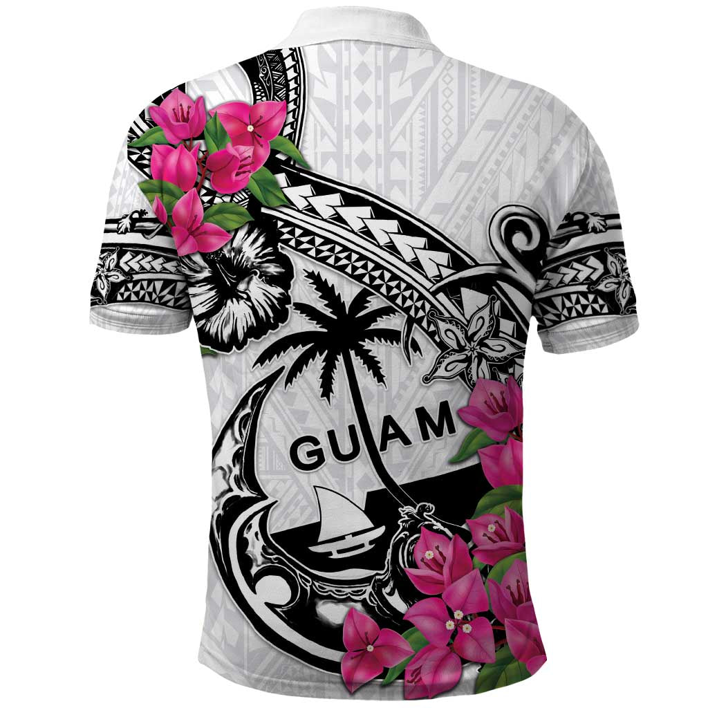 Guam Chamorro Polo Shirt Bougainvillea White Polynesian Tribal Pattern