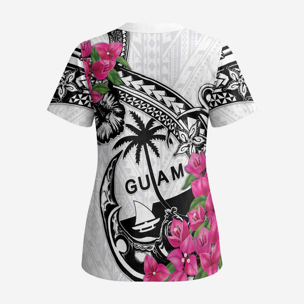 Guam Chamorro Scrub Top Bougainvillea White Polynesian Tribal Pattern LT05 - Polynesian Pride